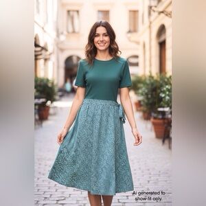 Zattcas Green Short Sleeve Ditsy Floral Tie Waist Midi Dress Size Small